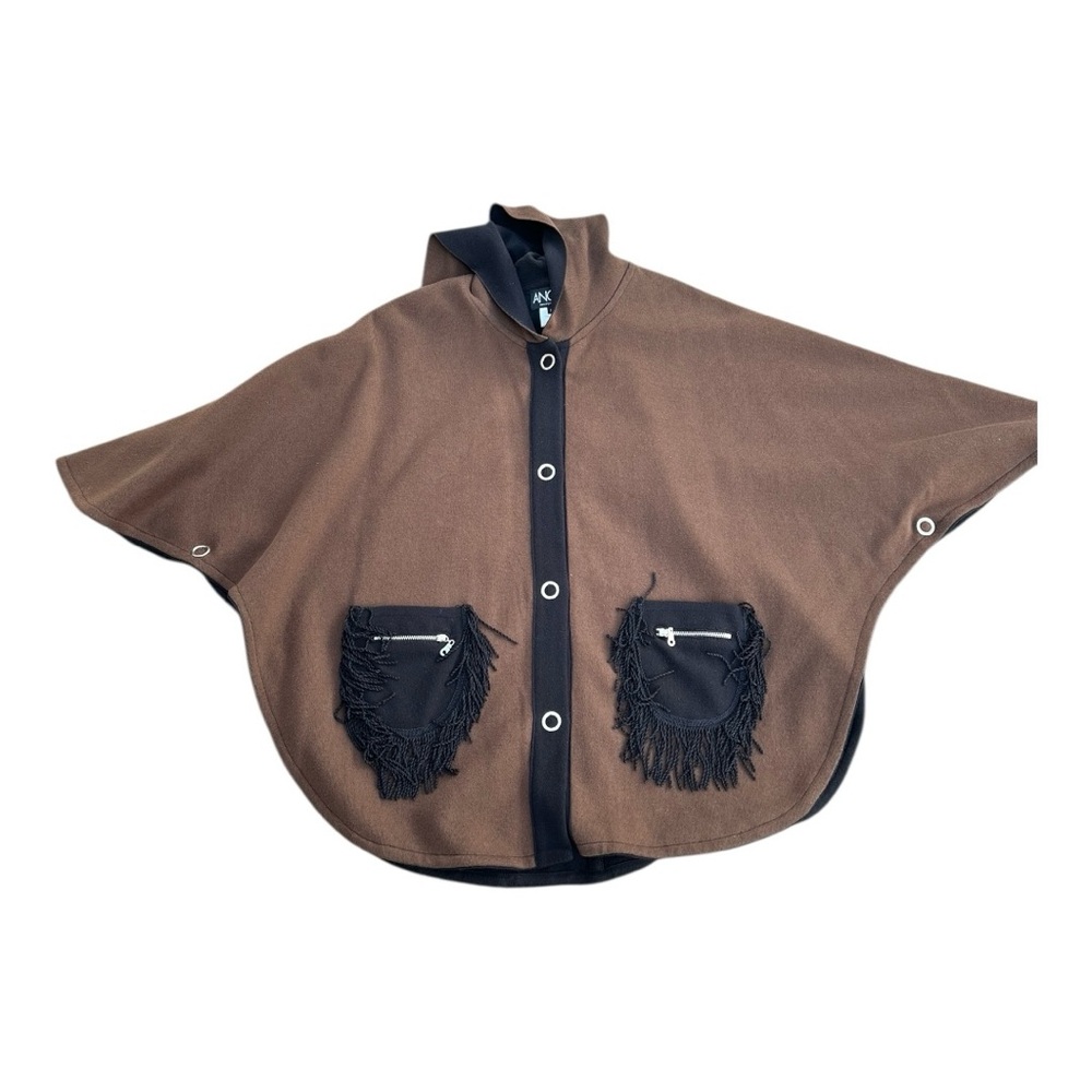 Angel Apparel Brown Black Trim Hooded  Button Up‎  Poncho Cape Fringe Pocket Med